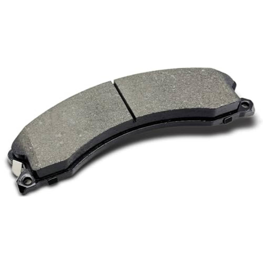 Ceramic brake pad, grey friction pad with metal backing and small wear indicators