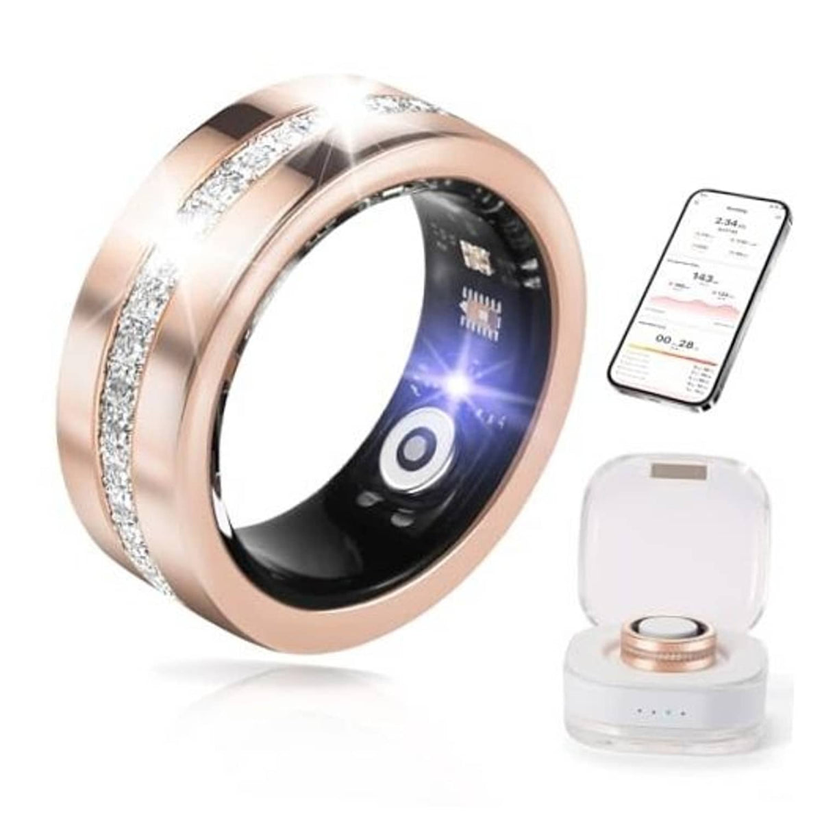 Rose gold smart health ring with gemstone-style inlay and phone app preview