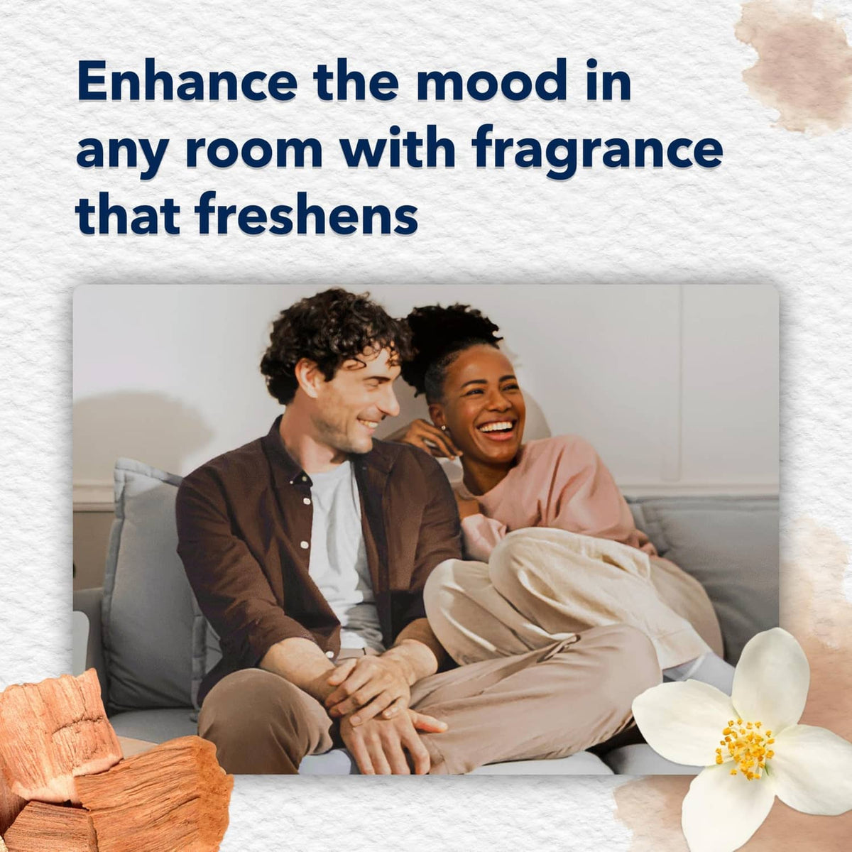 Glade Cashmere Woods fragrance concept with couple relaxing on a couch