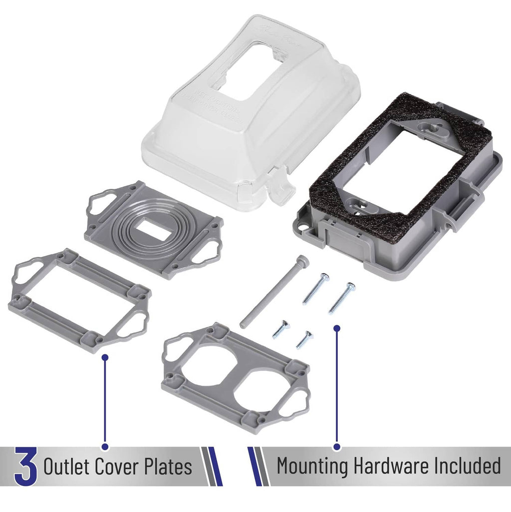Clear outdoor outlet cover kit with mounting base, outlet plates, and included hardware parts