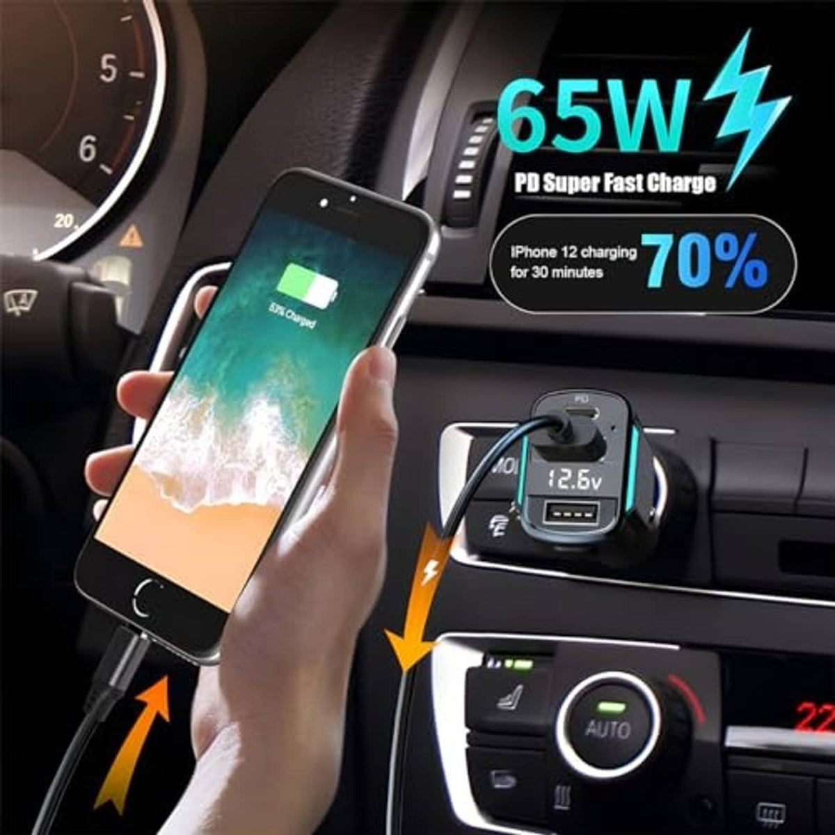 Black 3-port car charger with LED voltage screen and visible charging ports