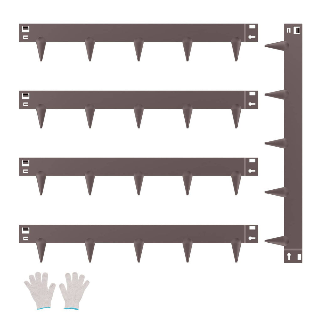 Multiple brown steel edging strips with spikes and interlocking side connectors