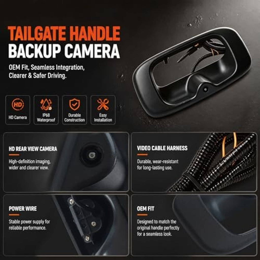 Tailgate handle backup camera diagram showing lens module and wiring harness