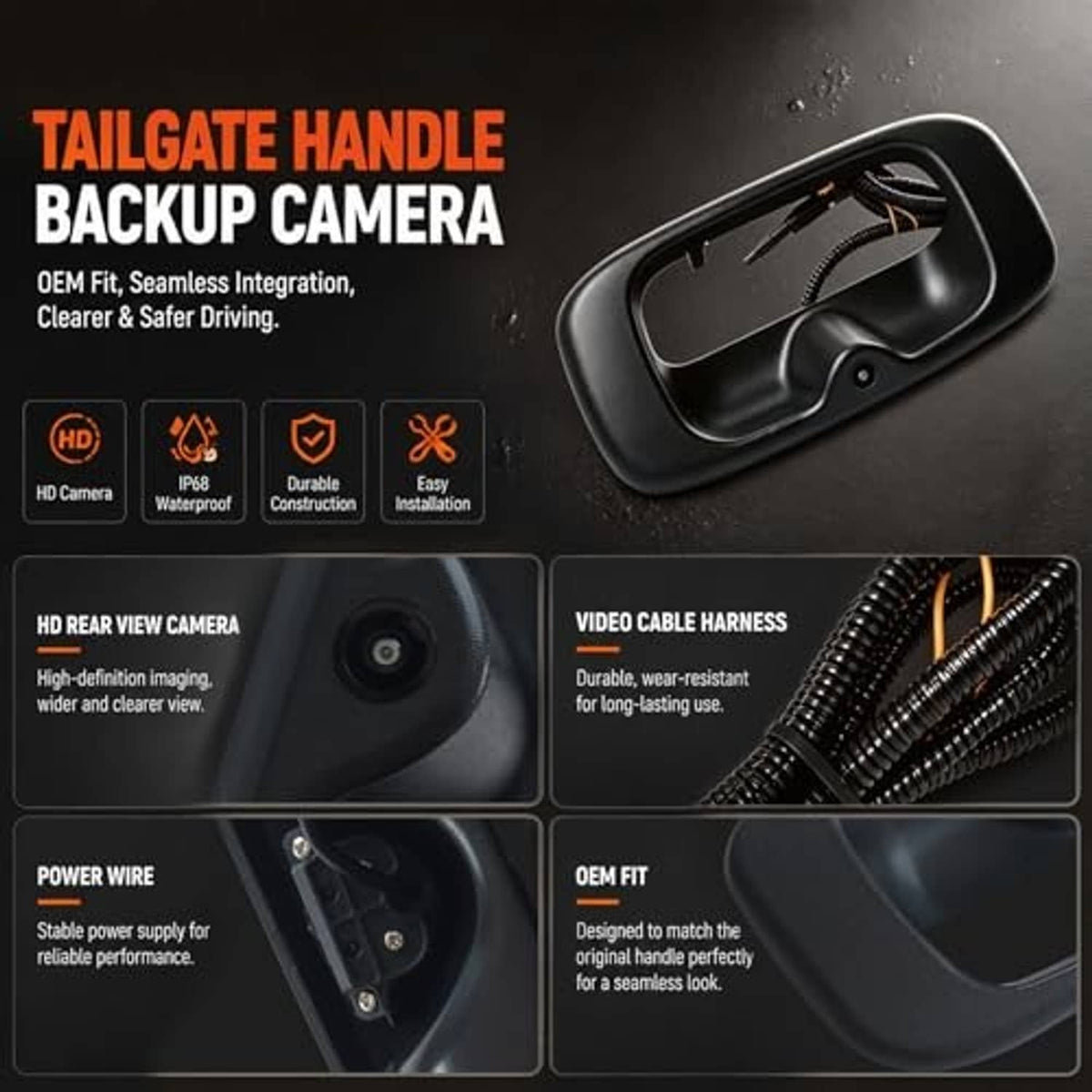 Tailgate handle backup camera diagram showing lens module and wiring harness