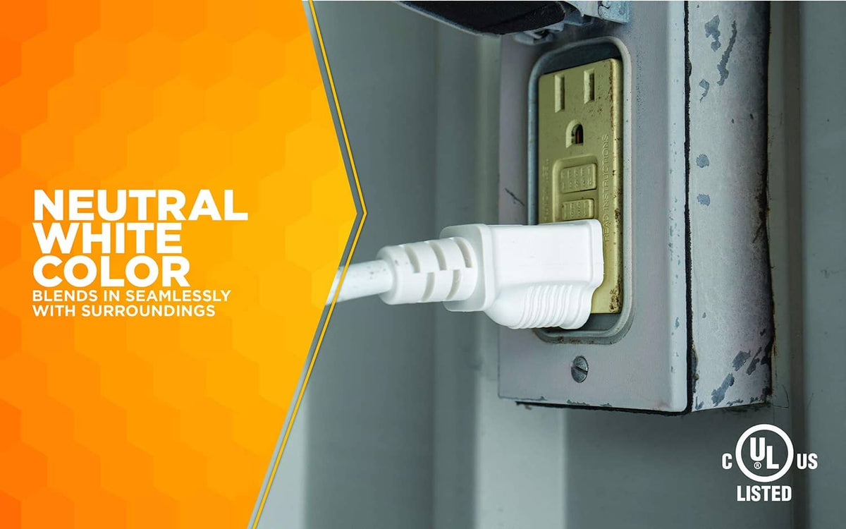 Neutral white extension cord plugged into an outdoor power outlet, UL listed
