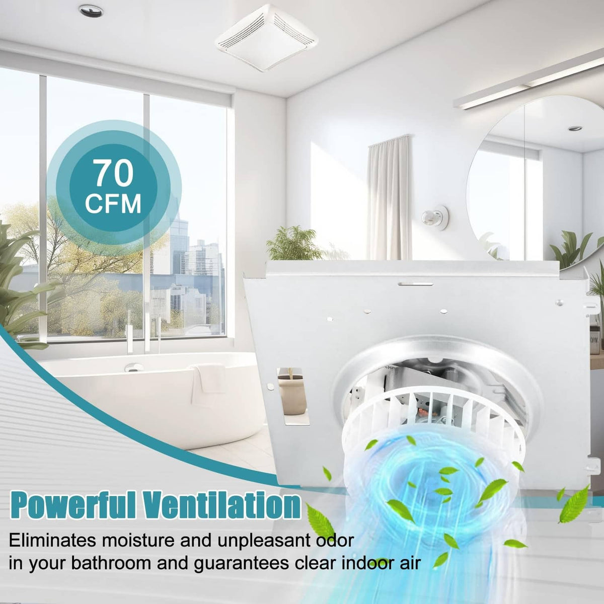 Bathroom fan motor assembly with white fan wheel in ceiling housing, 70 CFM airflow