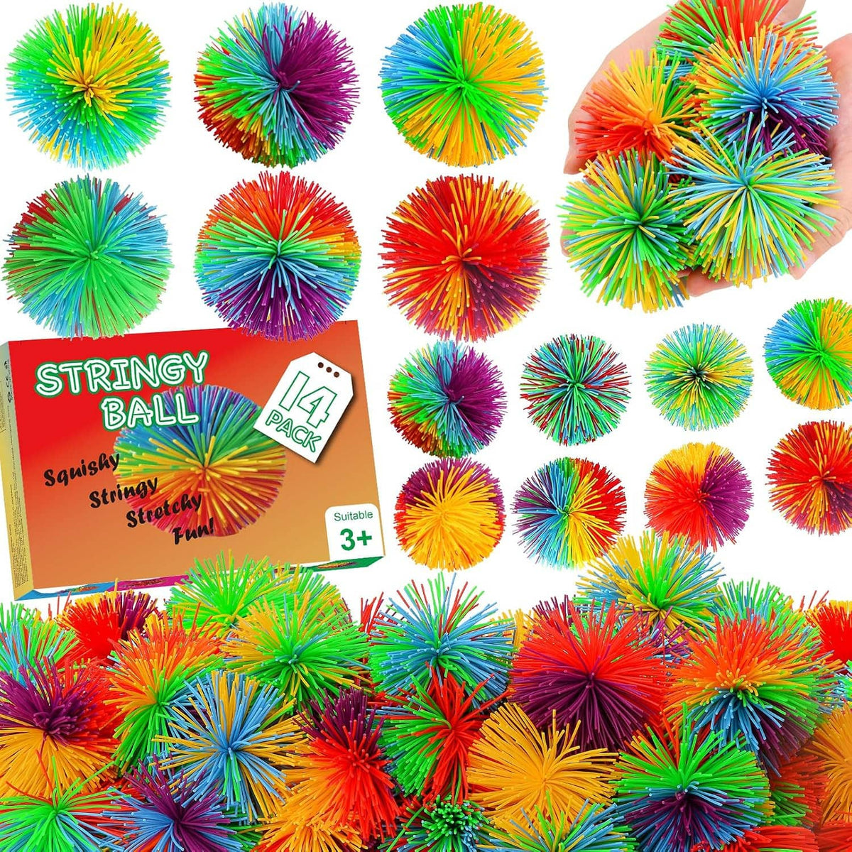 Orange box with 14-pack rainbow stringy pom balls and multiple bouncy fidgets