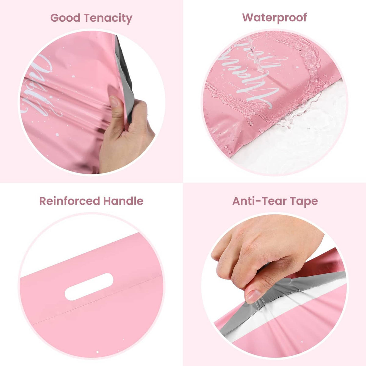 Pink poly mailer close-up showing reinforced handle, waterproof lining, anti-tear tape