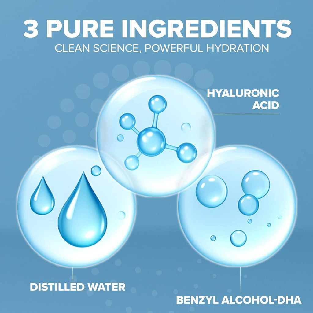 Hyaluronic acid ingredient graphic with water drops and molecule bubbles