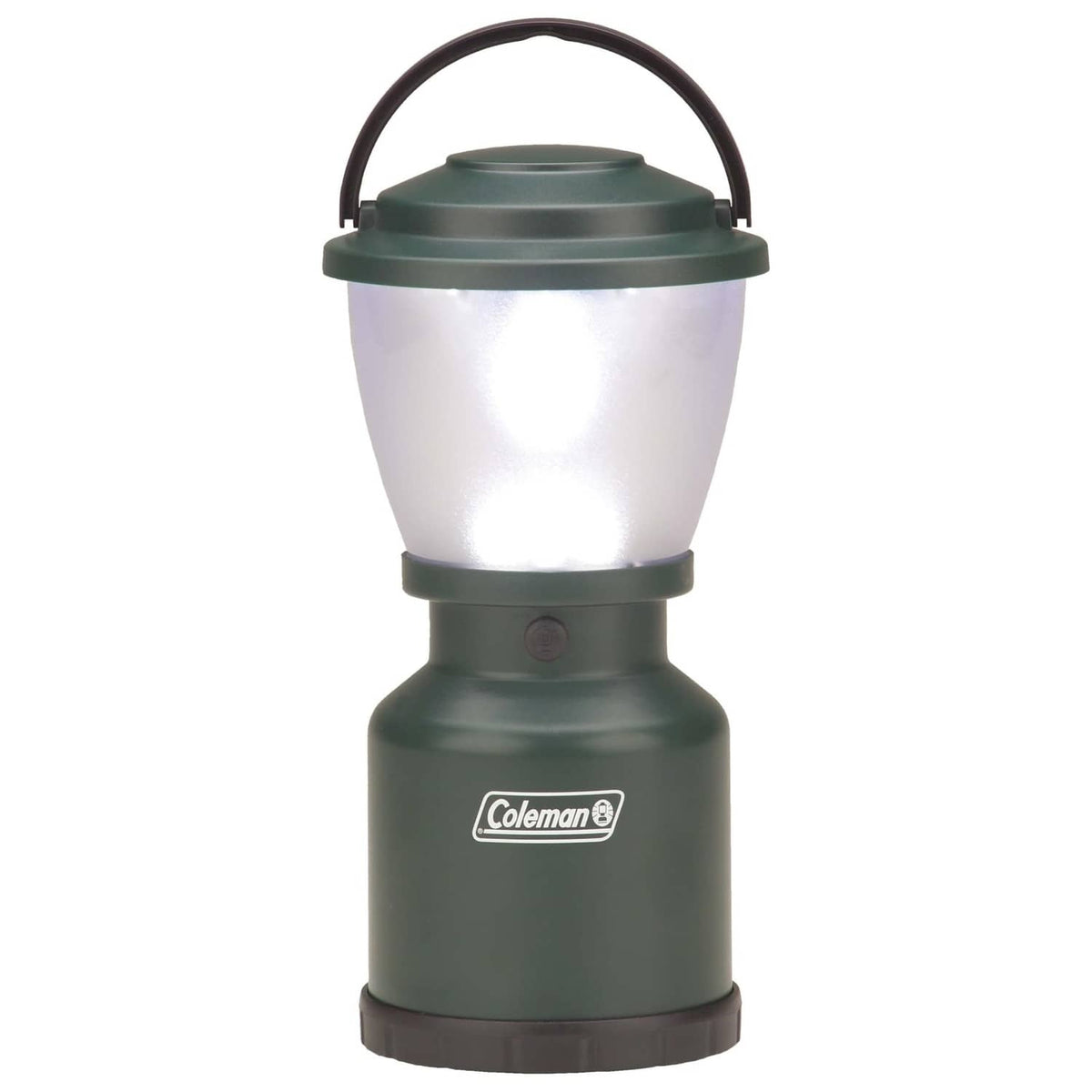 Green Coleman LED camp lantern with loop handle and glowing diffuser