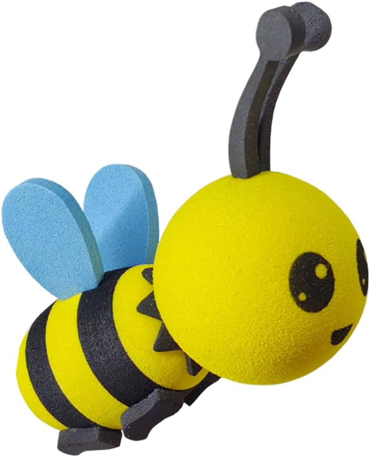 Yellow foam bee antenna topper with blue wings and black stripes on dark mast