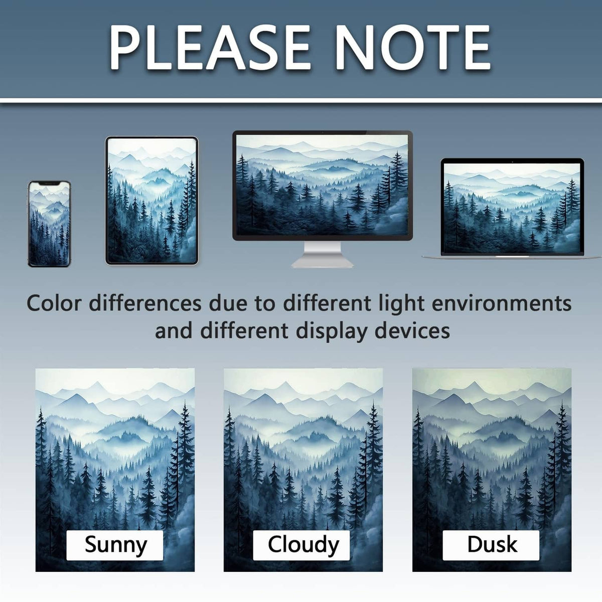 Blue forest scene shower curtain shown in multiple tone variations