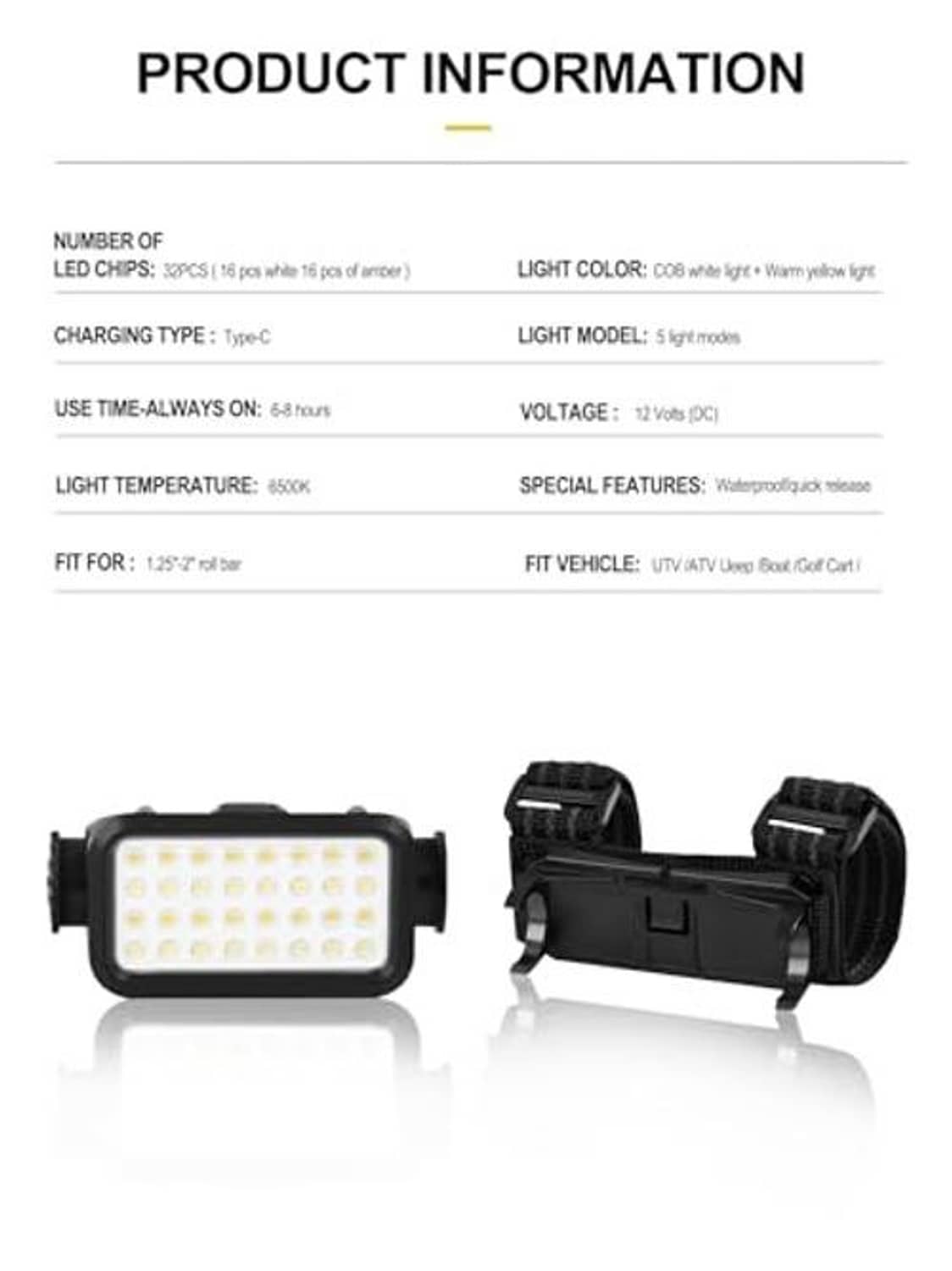UTV dome LED light kit with two black mounting brackets and rectangular LED panels