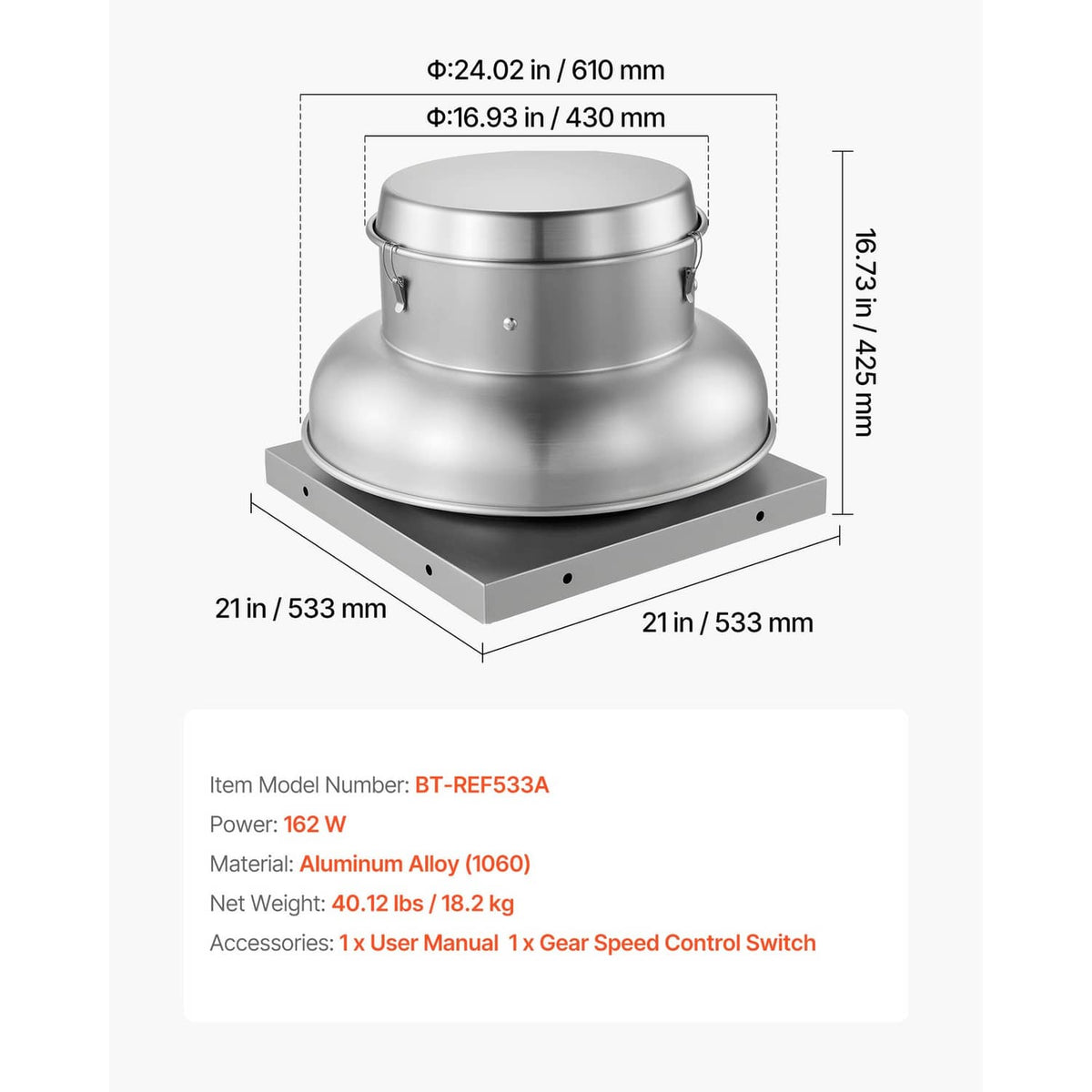 Roof exhaust fan attic vent diagram view with flared hood and square mounting base