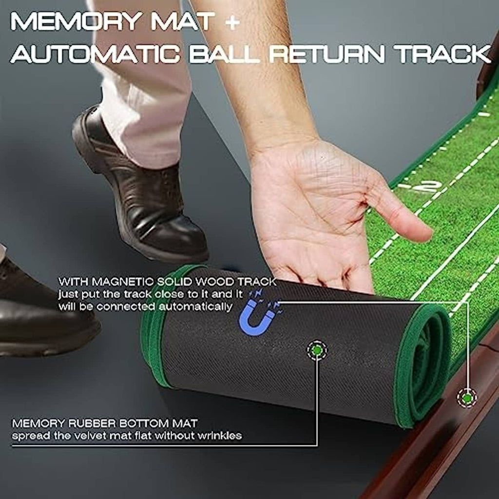 Rolled indoor putting green mat with textured base and magnetic wooden return track