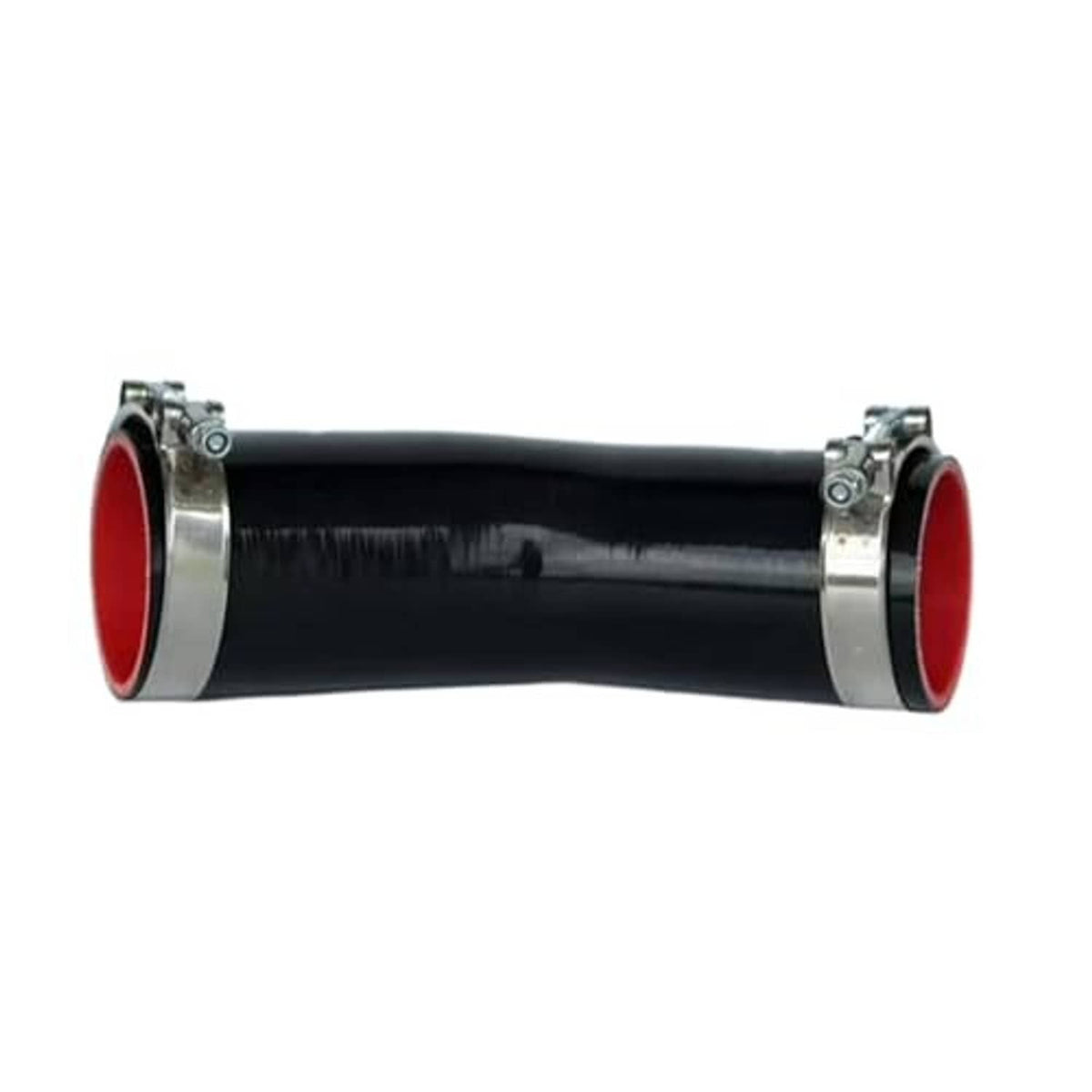 Black straight hose coupler with clamp bands on red-rim ends