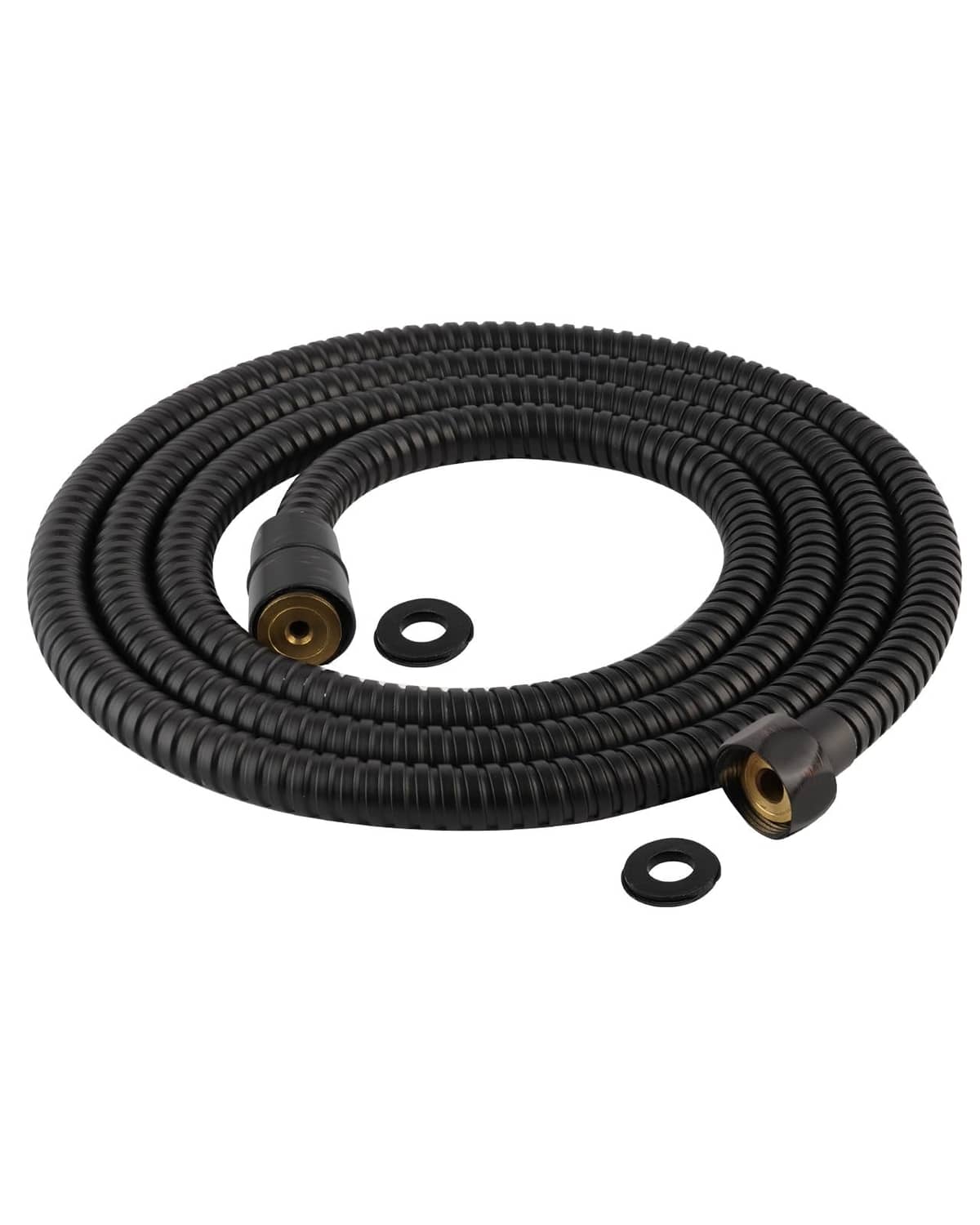 Black shower hose with bronze/gold metal fittings and washers, coiled for storage