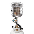 Portable propane radiant heater with stainless burner and protective metal cage