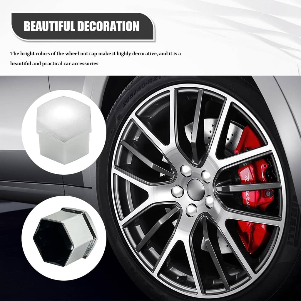 Silver wheel lug nut covers installed on a multi-spoke wheel