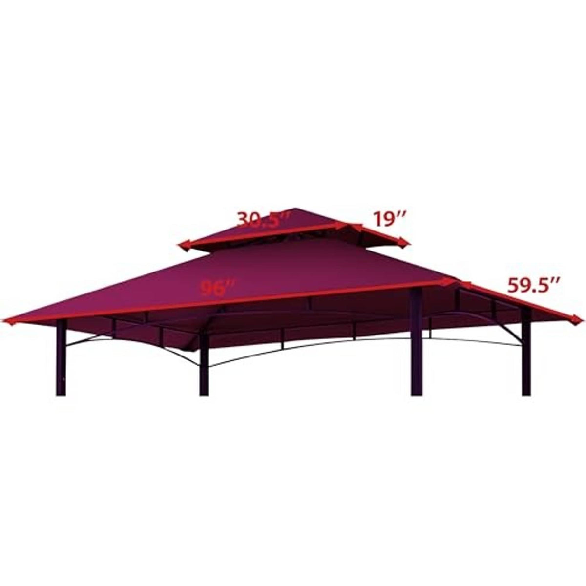 Burgundy double-roof canopy top with black support posts and dimension arrows