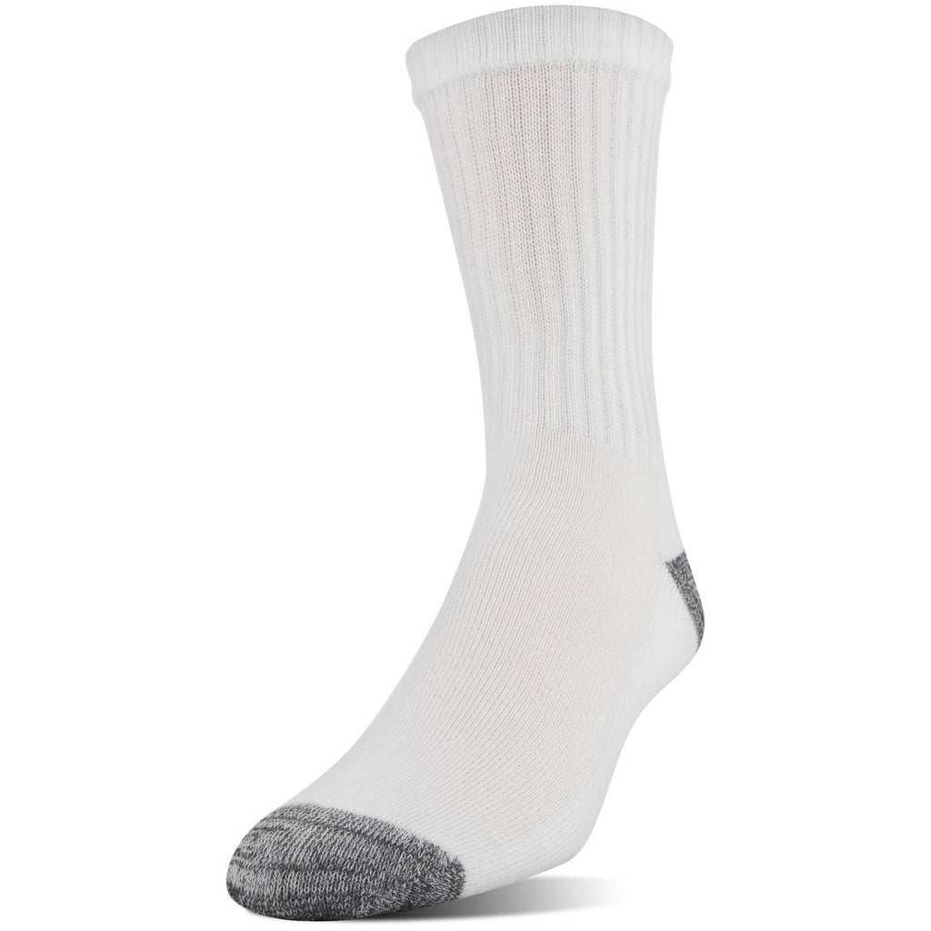 Men's mid-crew dress socks in white with gray cushioned heel and toe