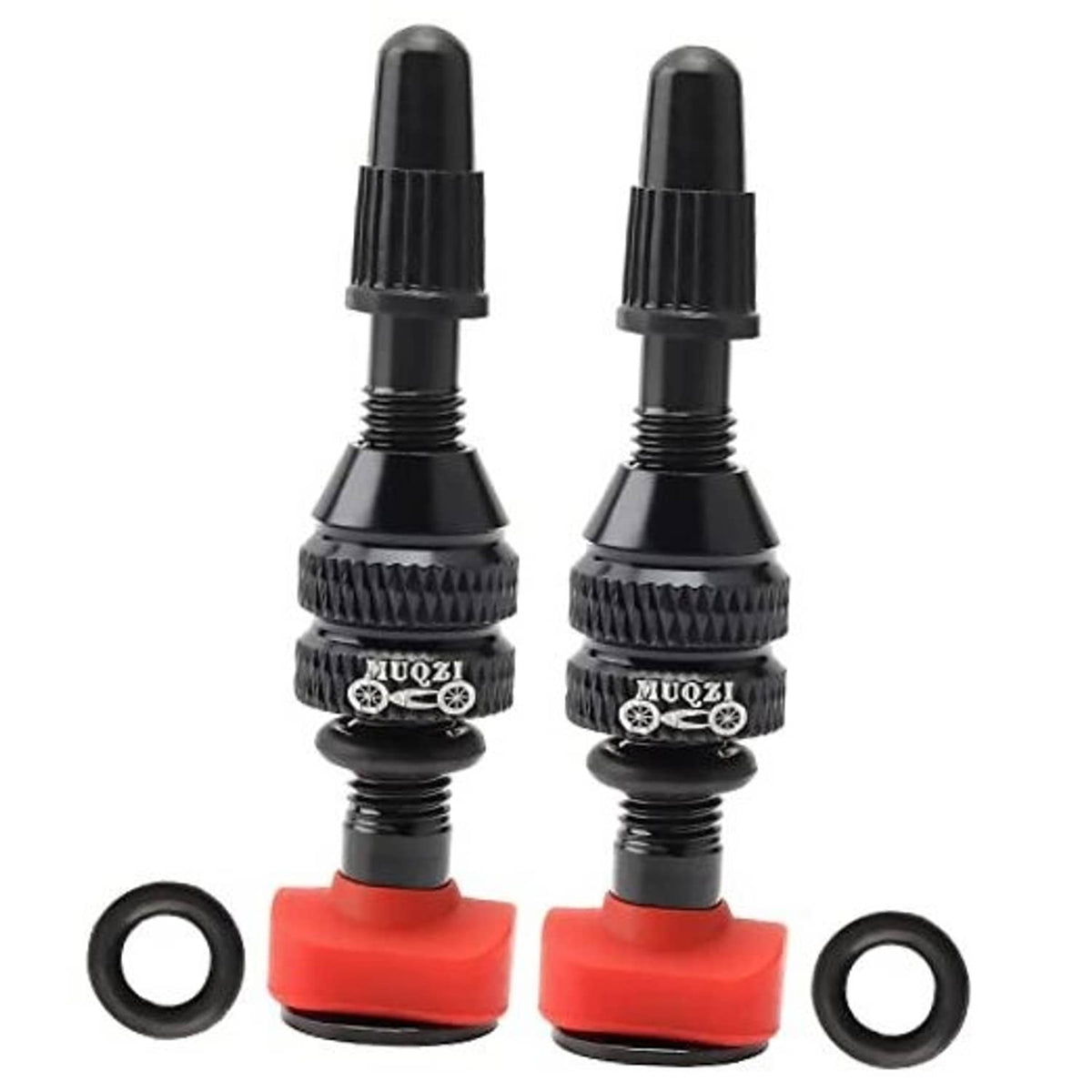 Set of two black Presta tubeless valve stems with red base and two rubber O-rings