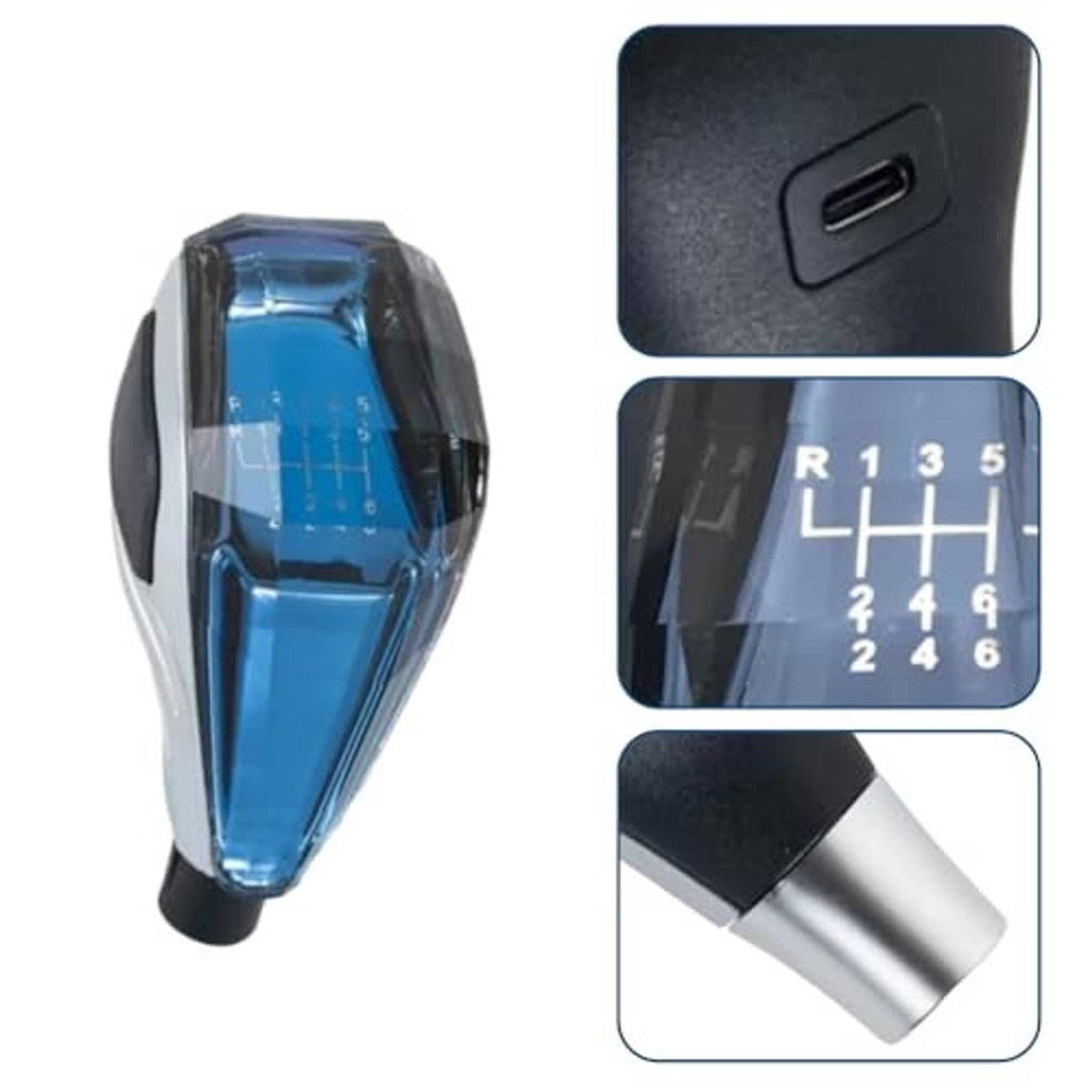 Illuminated touch-activated gear shift knob with blue display and gear label markings