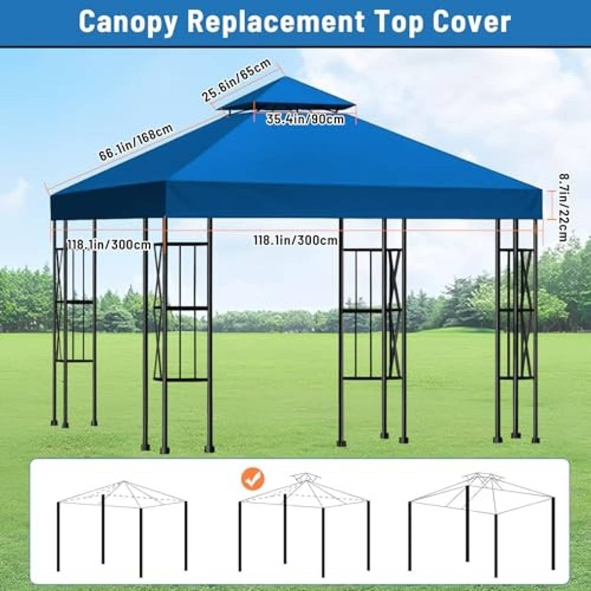 Blue double-tiered canopy replacement top with side frame panels
