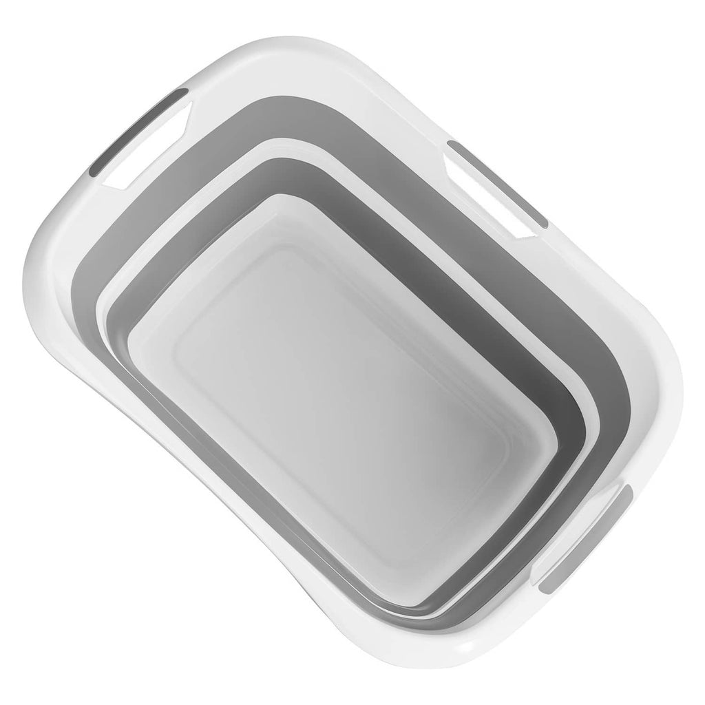 Collapsible pet bath tub with gray rim and white foldable sides, rectangular basin
