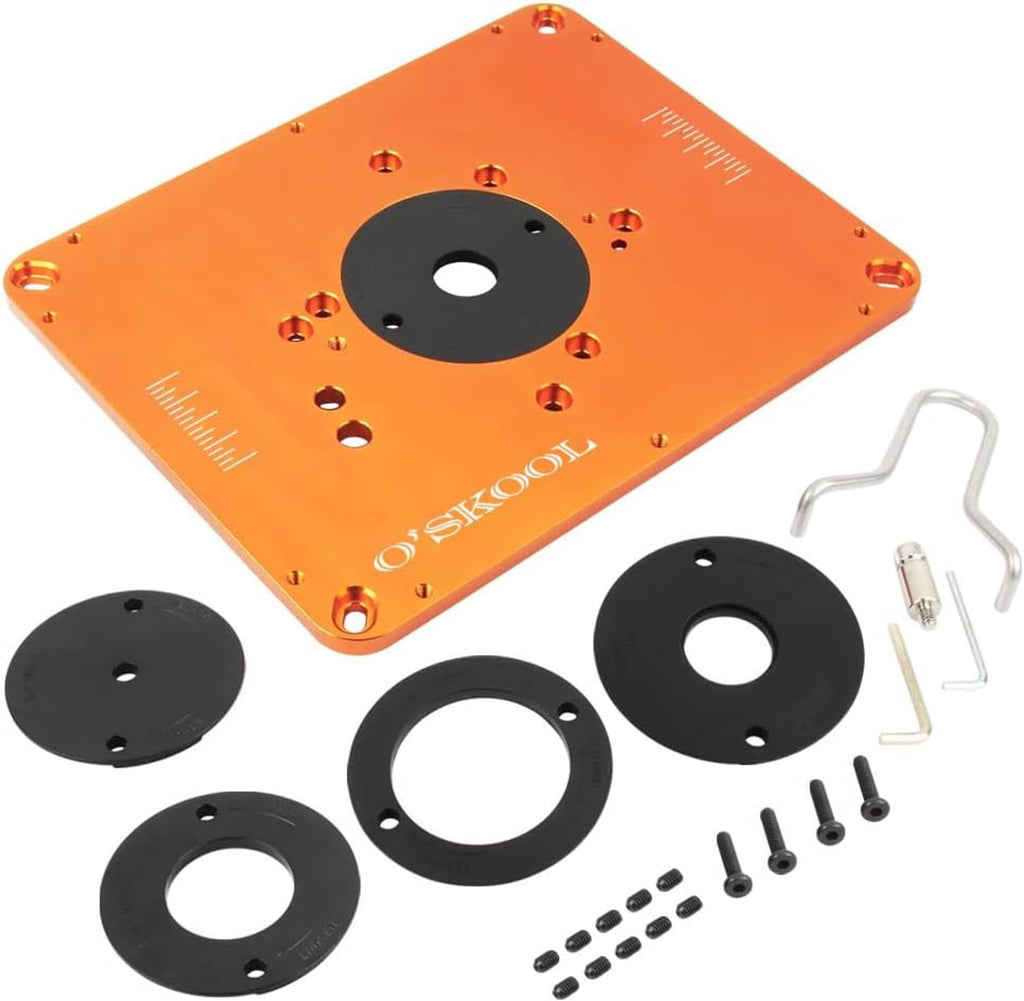 Orange aluminum router table insert plate with central opening, black insert rings, screws and brackets