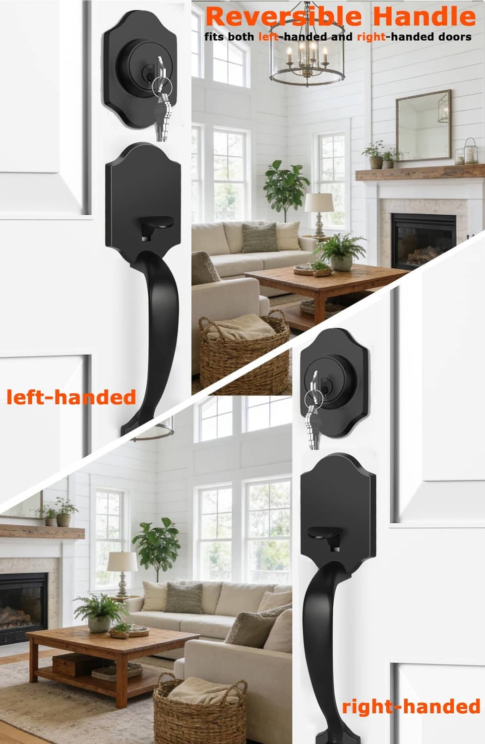 Matte black reversible door handle and deadbolt set for left- or right-handed doors