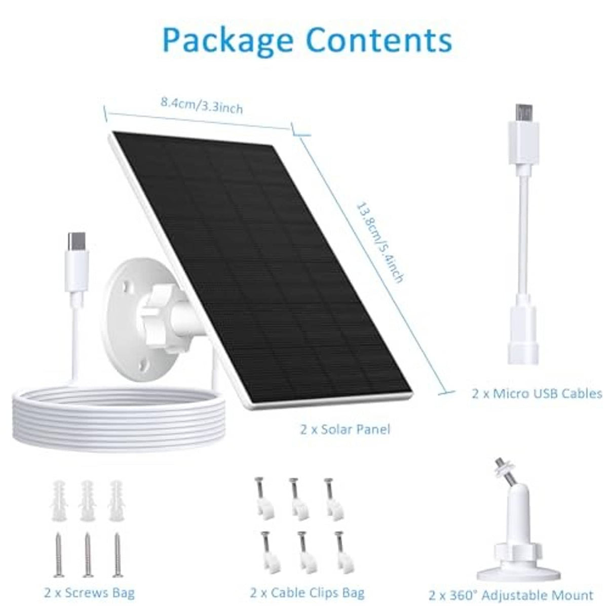 Solar panel kit with two black panels, long white cables, screws, clips, and adjustable 360° mount
