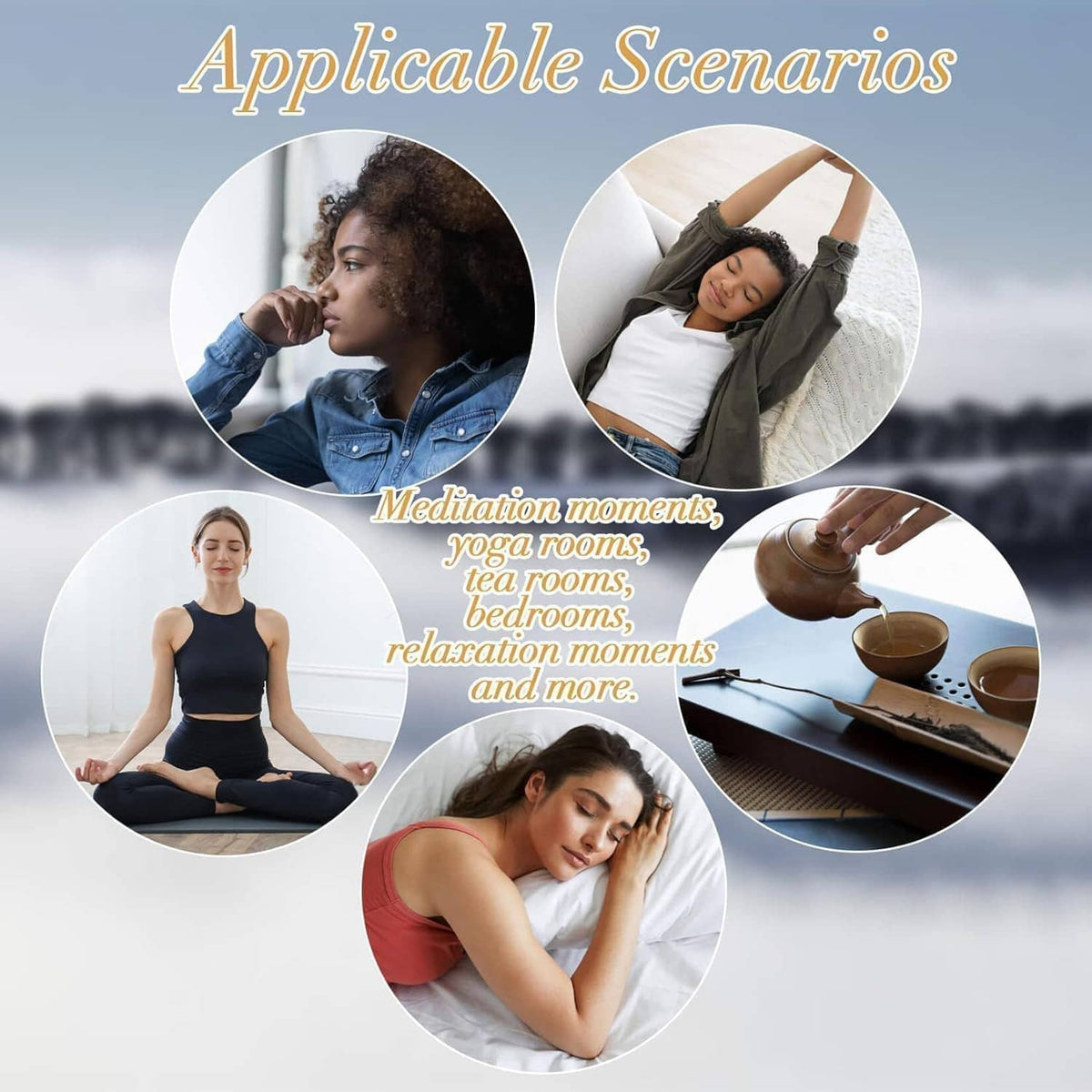 Backflow incense for meditation, yoga, and relaxation shown with circular scenario photos