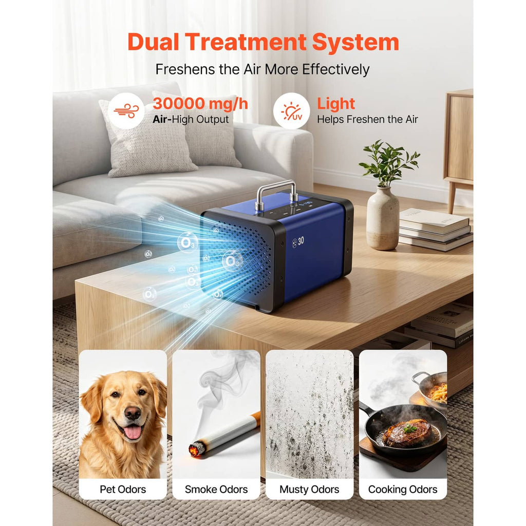 Blue ozone generator on tabletop with dual output and indicator lights on front.