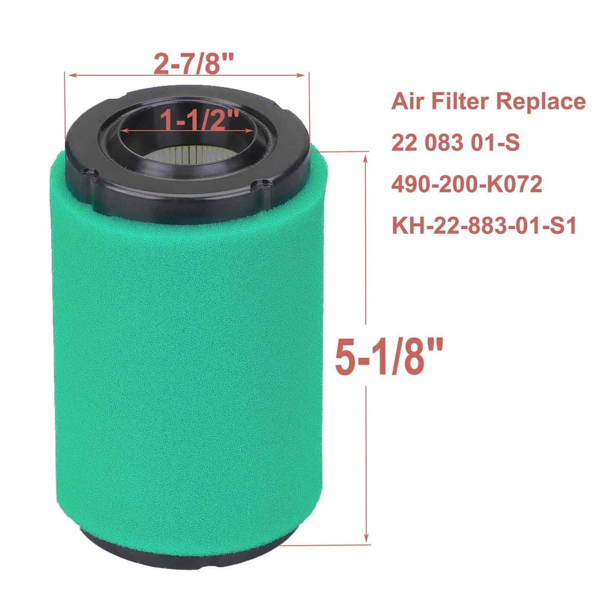 Green foam air filter cylinder with black top ring and open center port.