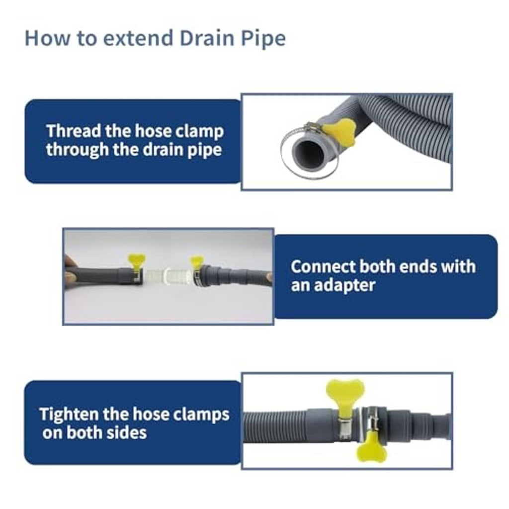 Gray corrugated drain hose with hose clamp fittings and adapter connection ends