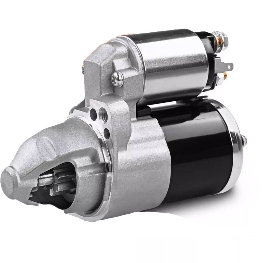 Starter motor with silver gear housing and black cylinder, bolt-on terminals