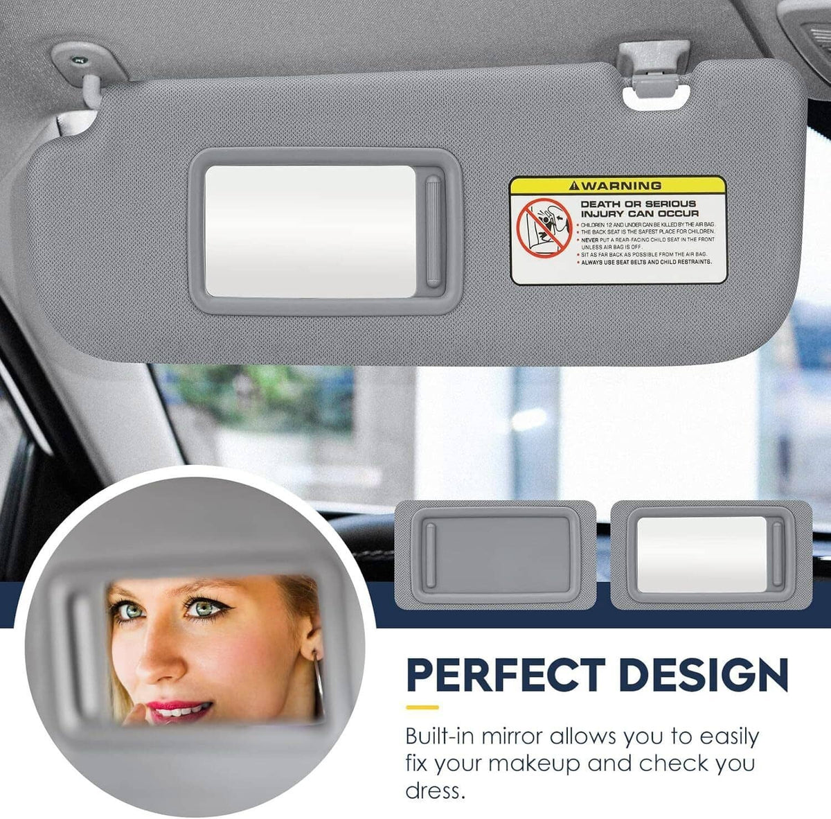Grey sun visor with mirror and warning label, front panel view
