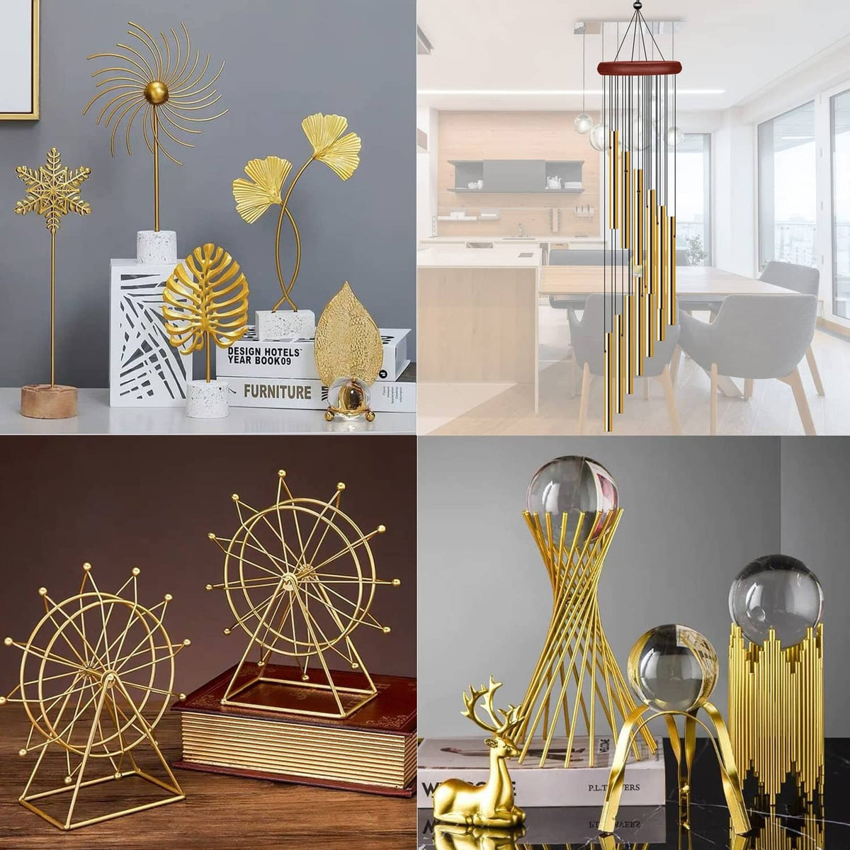 Gold brass tubes used to form decorative wireframe sculptures and hanging pieces