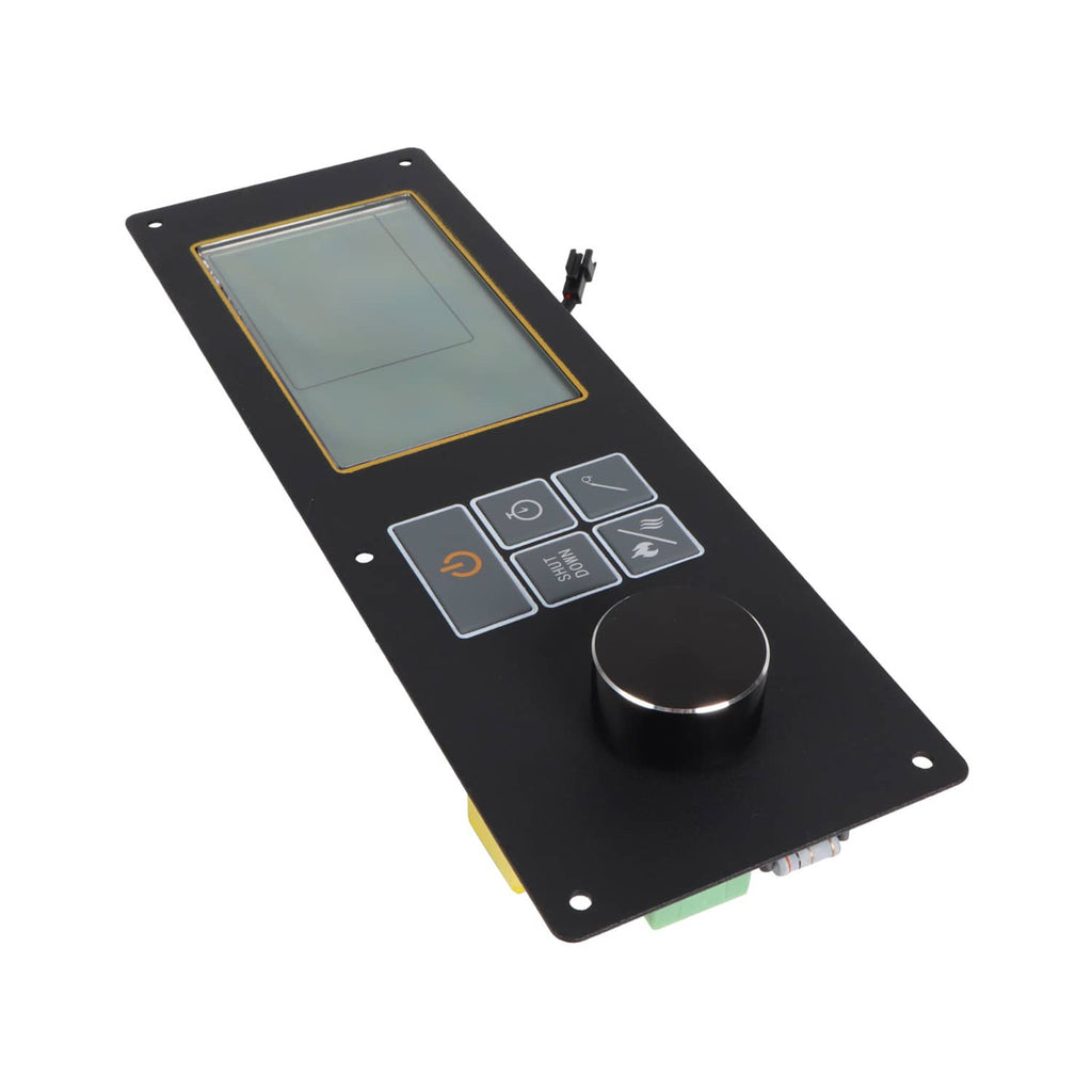 Pellet grill control board with black faceplate, LCD display, buttons, and dial knob