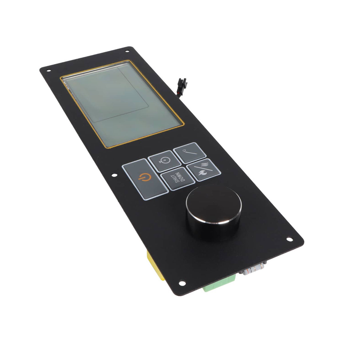 Pellet grill control board with black faceplate, LCD display, buttons, and dial knob