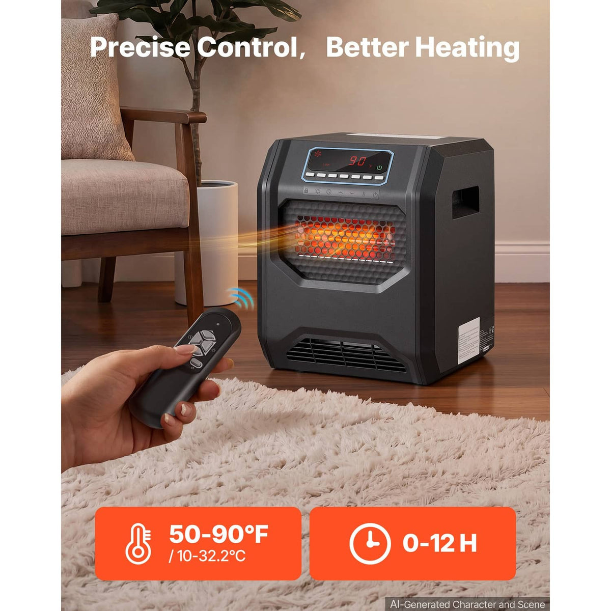 Black infrared heater with remote control pointed toward glowing heating grille
