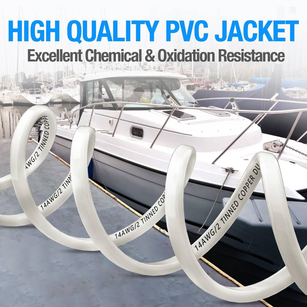 Coiled white PVC-jacket duplex marine wire with printed length markings, tinned copper.
