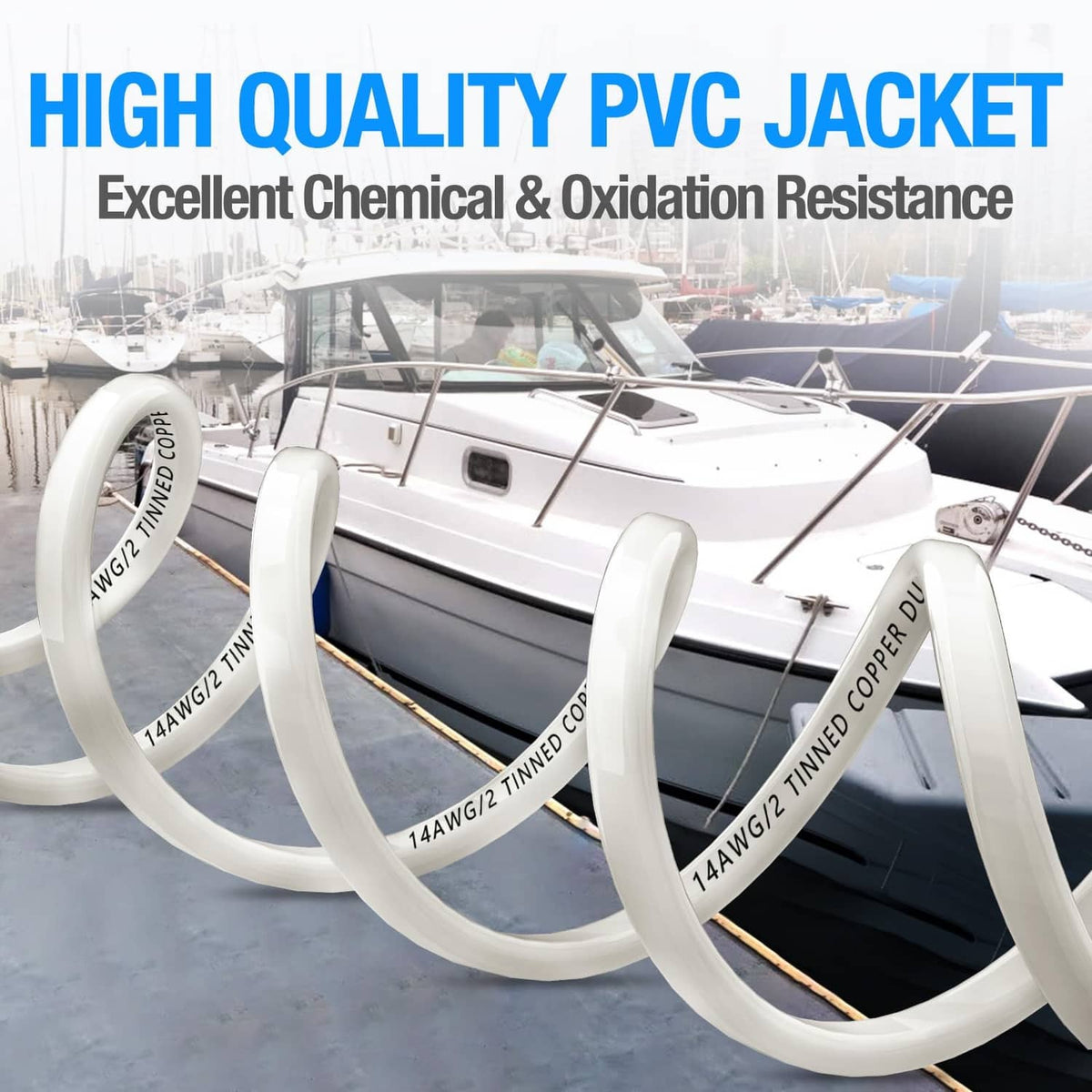 Coiled white PVC-jacket duplex marine wire with printed length markings, tinned copper.