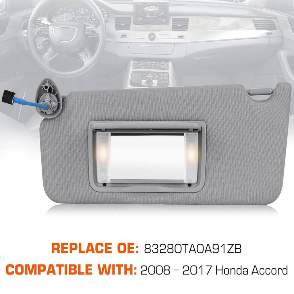 Gray sun visor with LED mirror window and blue connector, installed in car