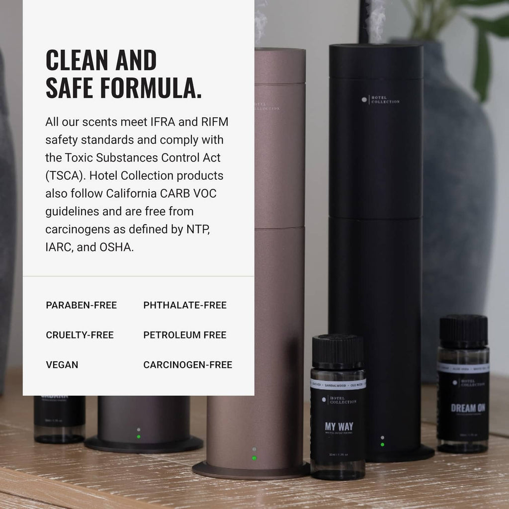 Aroma diffuser oil bottle with clean formula badges: paraben-free, phthalate-free, vegan