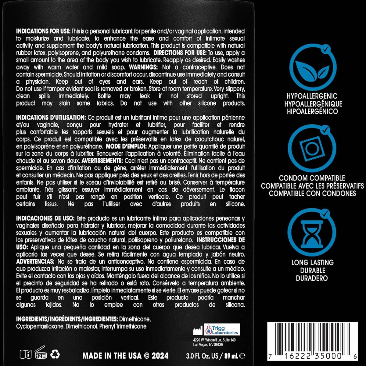 Back label of silicone-based anal lubricant bottle with ingredient and usage text
