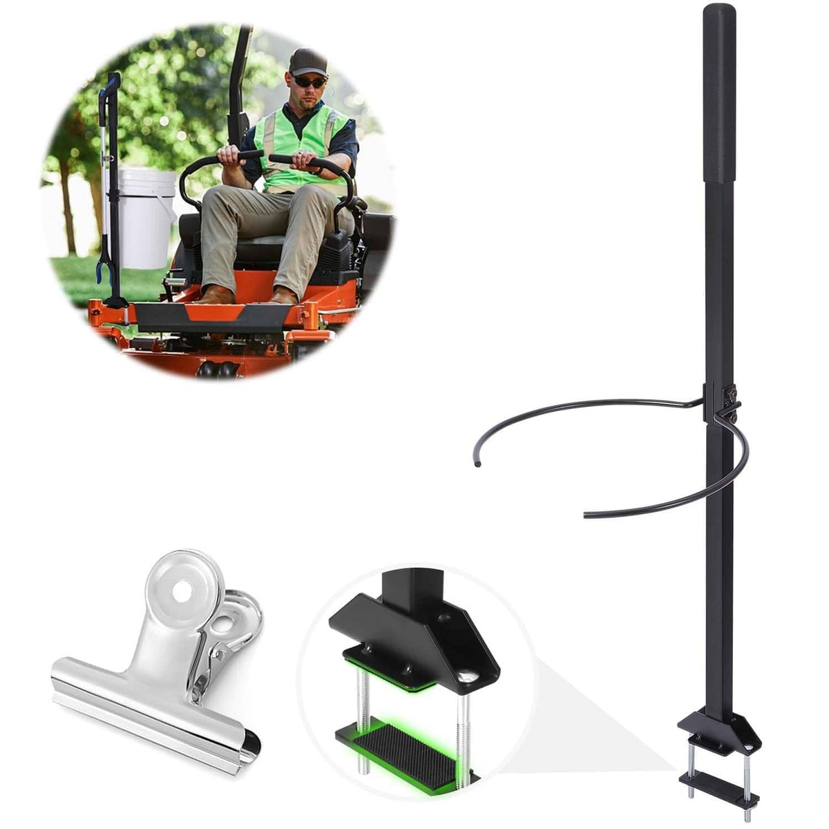Black vertical mower bucket bracket holder with clamp and clip for attaching a bucket