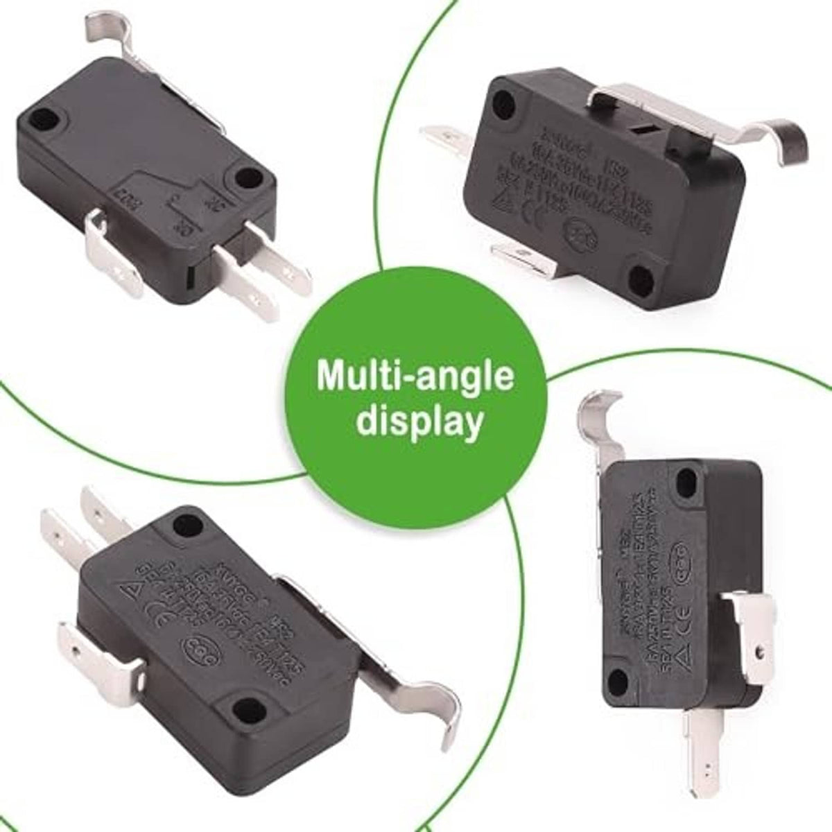 Black micro switch shown from multiple angles, silver blade terminals and side mounting posts