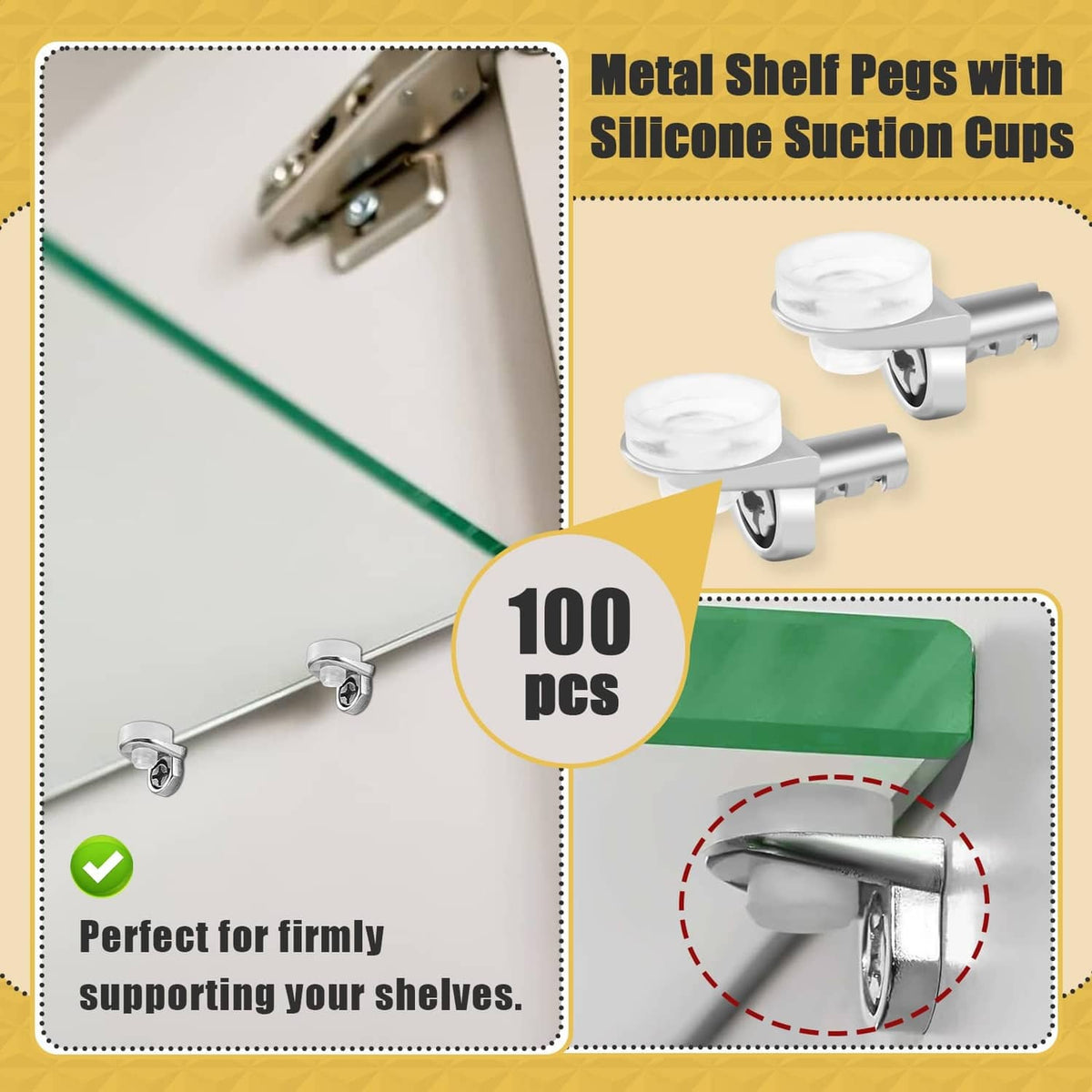 Metal shelf pins with white silicone suction cups, 100-pack for cabinet shelving